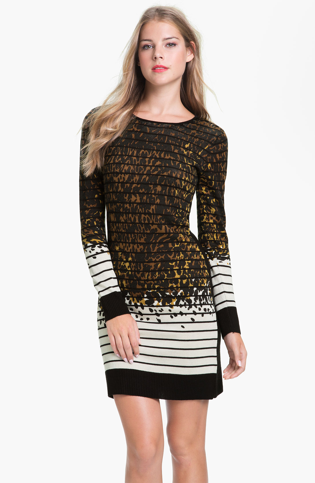 Tahari Multi Print Long Sleeve Sweater Dress in Beige (black/ brown ...