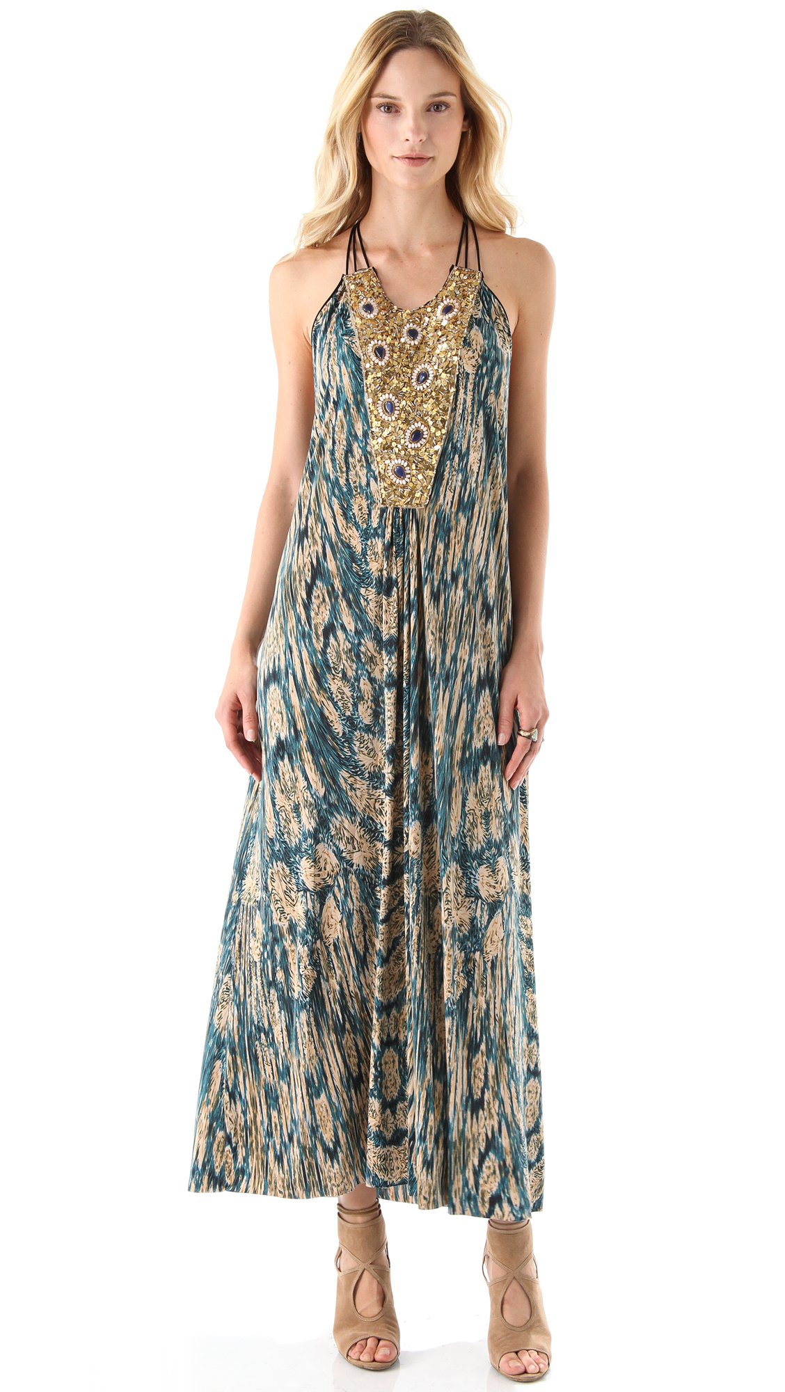 Lyst - T-Bags Maxi Dress with Beaded Bib in Blue
