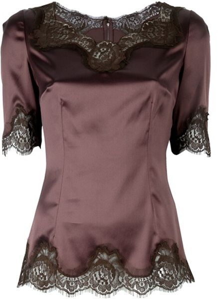 Dolce & Gabbana Lace Trim Blouse in Brown | Lyst