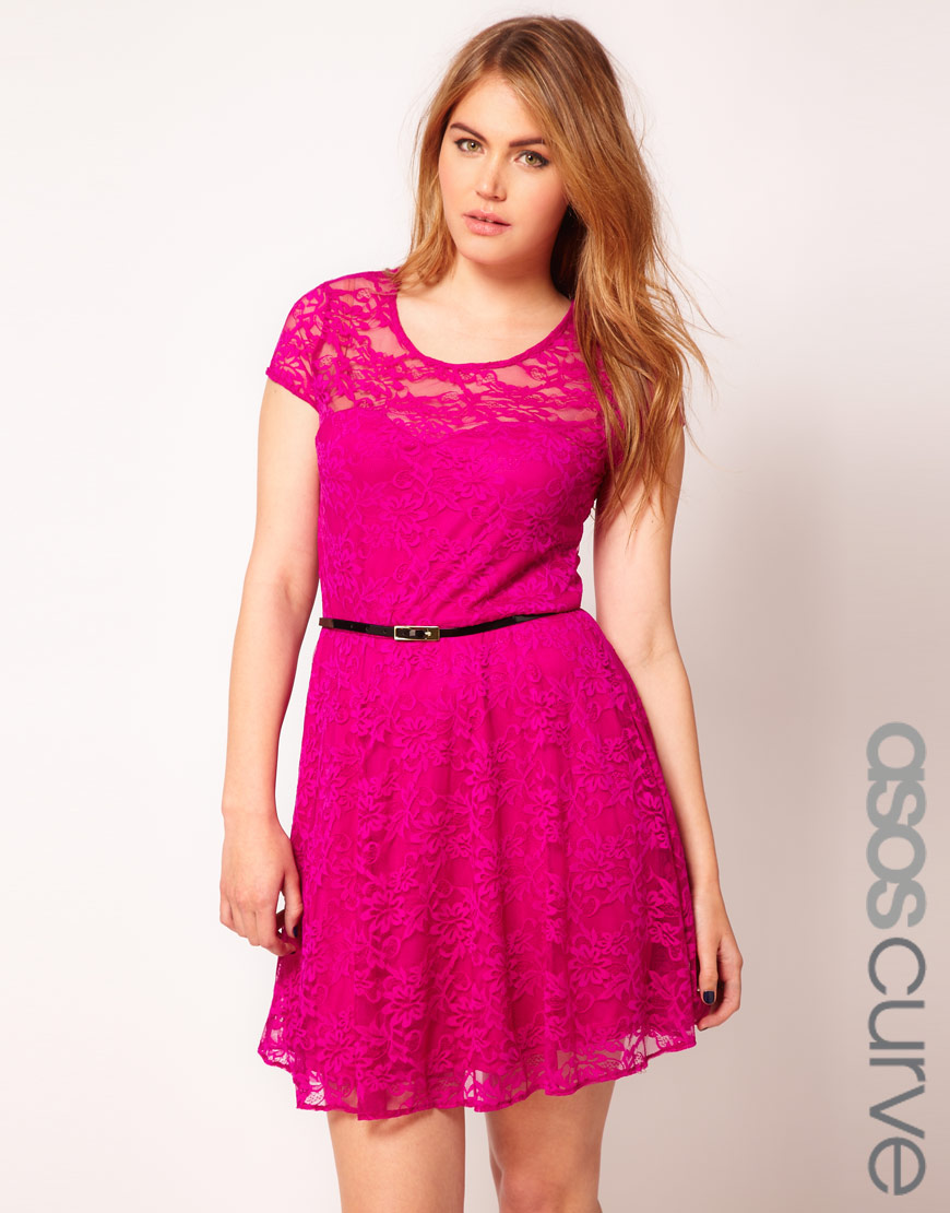 ASOS Lace Skater Dress with Belt in Magenta (Pink) - Lyst