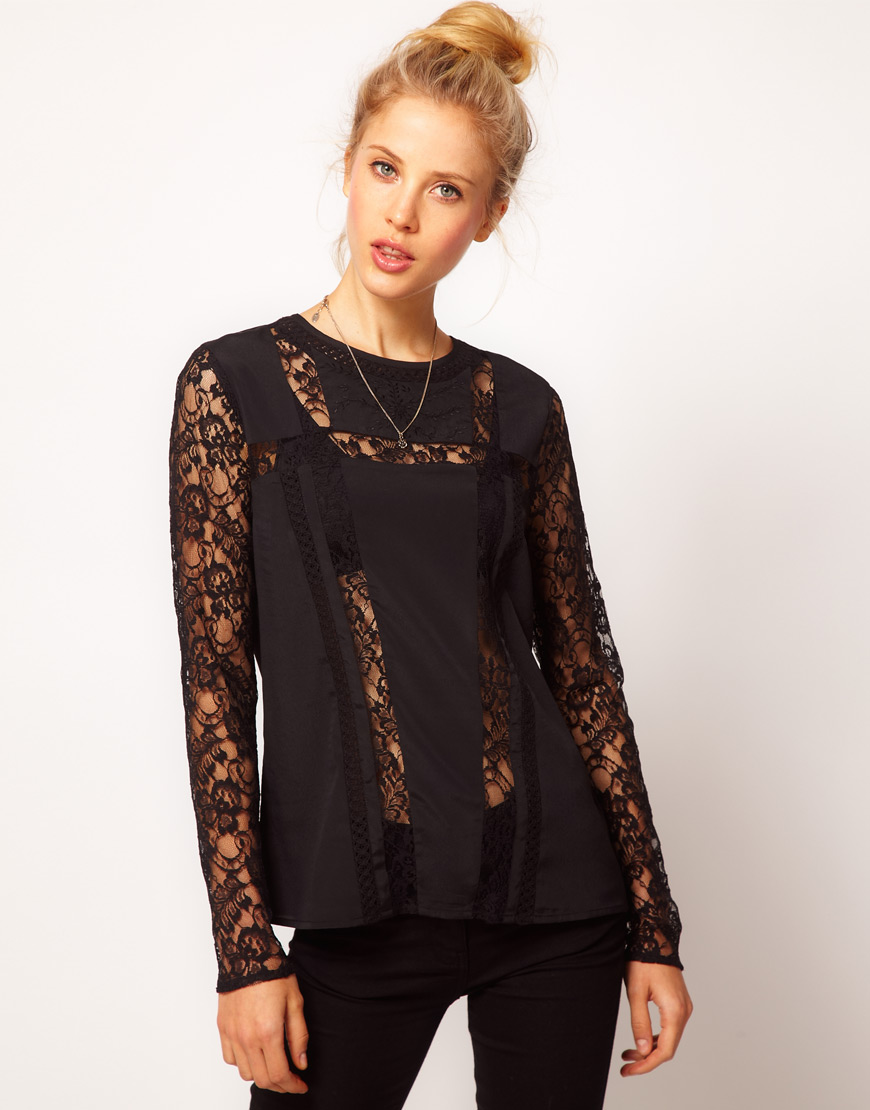Lyst - Asos Collection Asos Blouse with Lace Inserts and Lace Sleeves ...