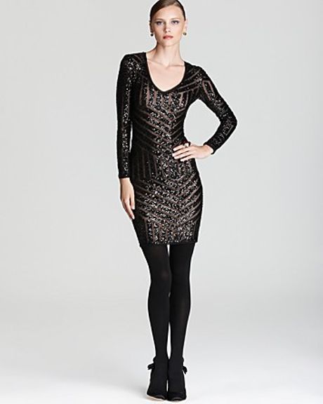 Bcbgmaxazria Dress Morris Sequin Fitted V Neck in Gold (black combo) | Lyst