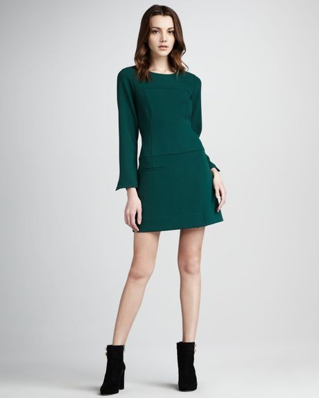 Shoshanna Adelia Longsleeve Shift Dress in Green (emerald) | Lyst