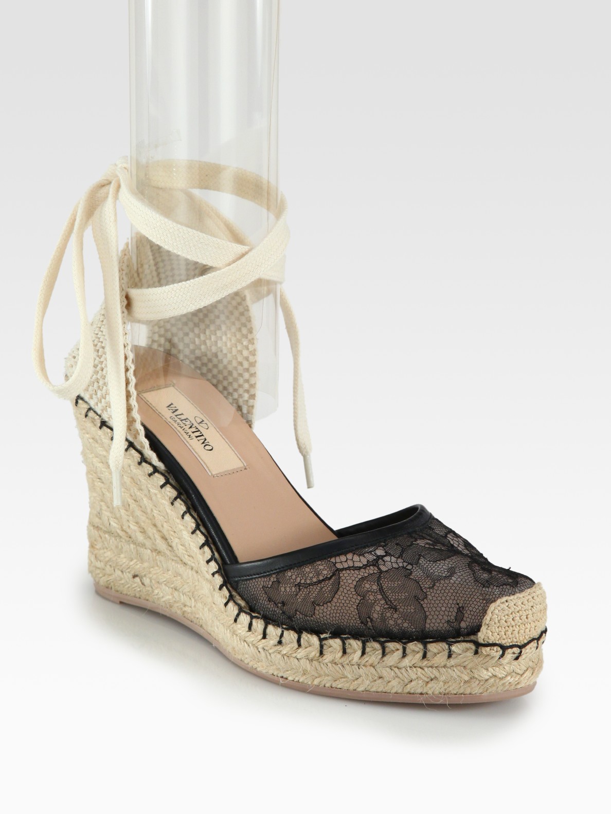 Lyst - Valentino Glamorous Lace Leather Espadrille Wedges in Black