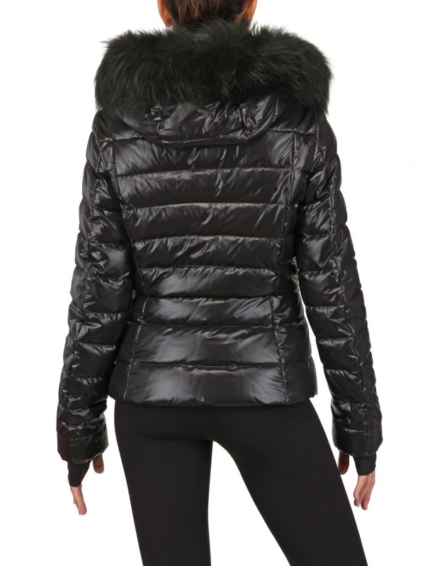 Moncler grenoble Beaver Fur Hood Shiny Nylon Down Jacket in Black | Lyst