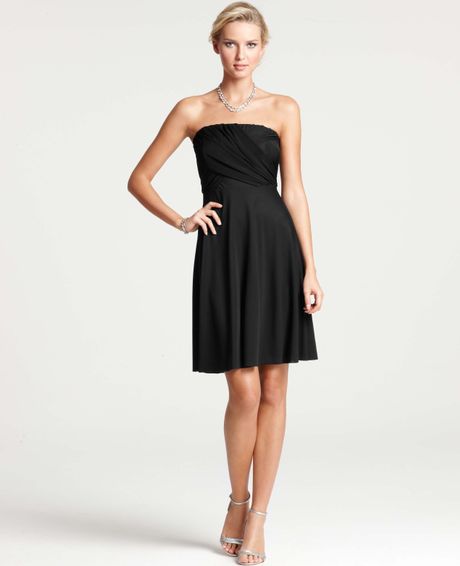 Ann Taylor Satin Jersey Draped Strapless Dress in Black | Lyst