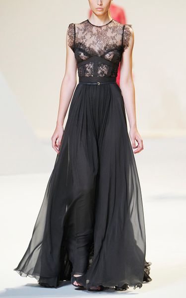 Elie Saab Charcoal Lace and Grosgrain Long Dress in Gray (charcoal) | Lyst
