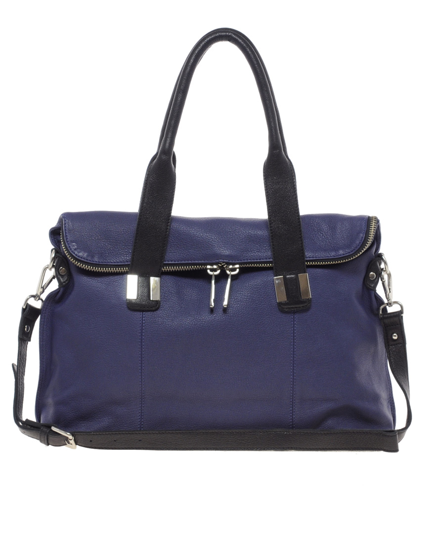 Asos Leather Foldover Zip Tote Bag In Blue Lyst