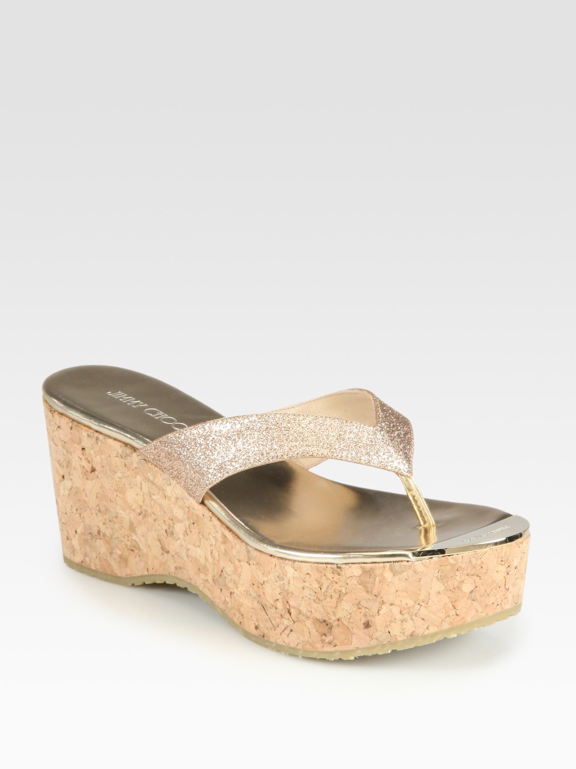 Jimmy choo Pathos Glitter Cork Wedge Sandals in Natural | Lyst