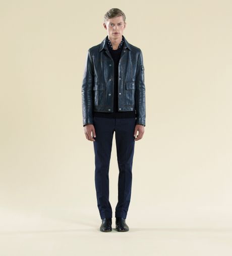 Gucci Blue Vintagestyle Leather Jacket in Blue for Men | Lyst
