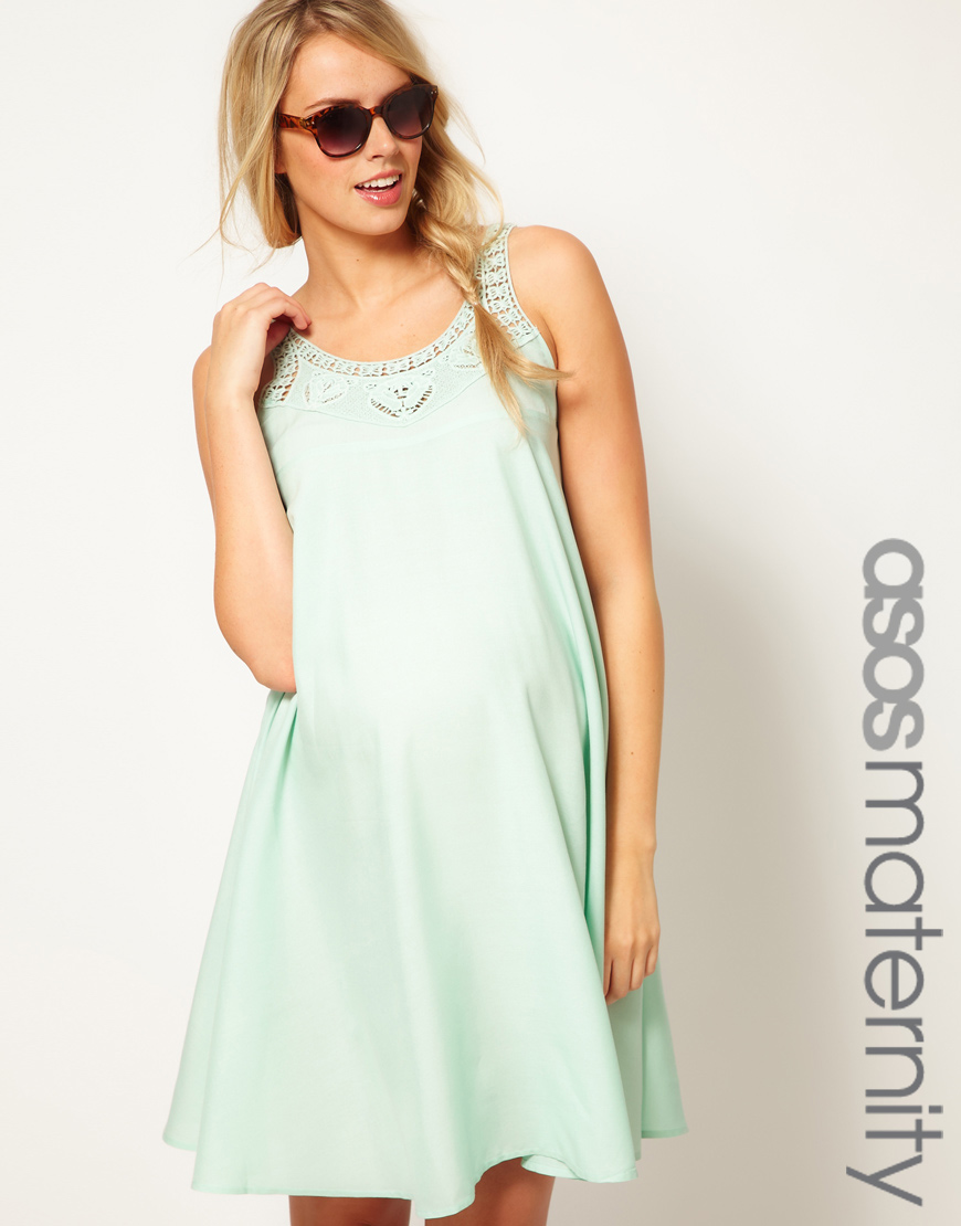 Lyst Asos Swing Dress With Crochet Neck Detail In Green