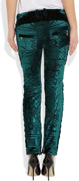 Balmain Cropped Velvet-Brocade Skinny Pants in Green | Lyst