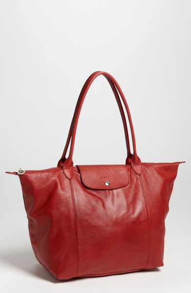 Longchamp Le Pliage Cuir Leather Tote in Red | Lyst