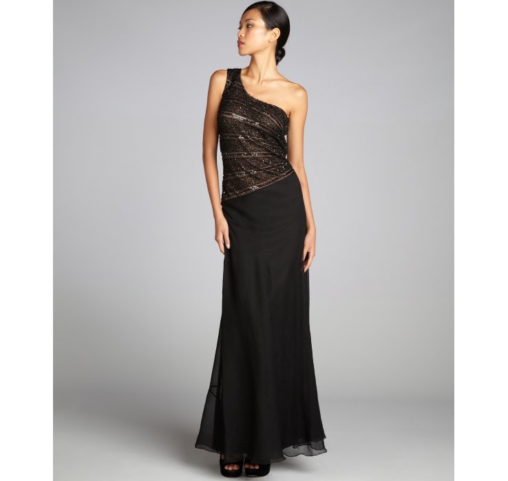 Aidan Mattox Beaded Mesh Bodice One Shoulder Gown in Black | Lyst