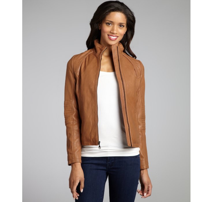 Lyst Dkny Camel Leather Quilted Shoulder Zip Front Motorcycle Jacket