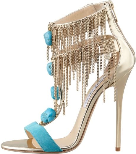 Jimmy Choo Belle Chainfringe Tstrap Sandal in Blue (turquoise/gold) | Lyst