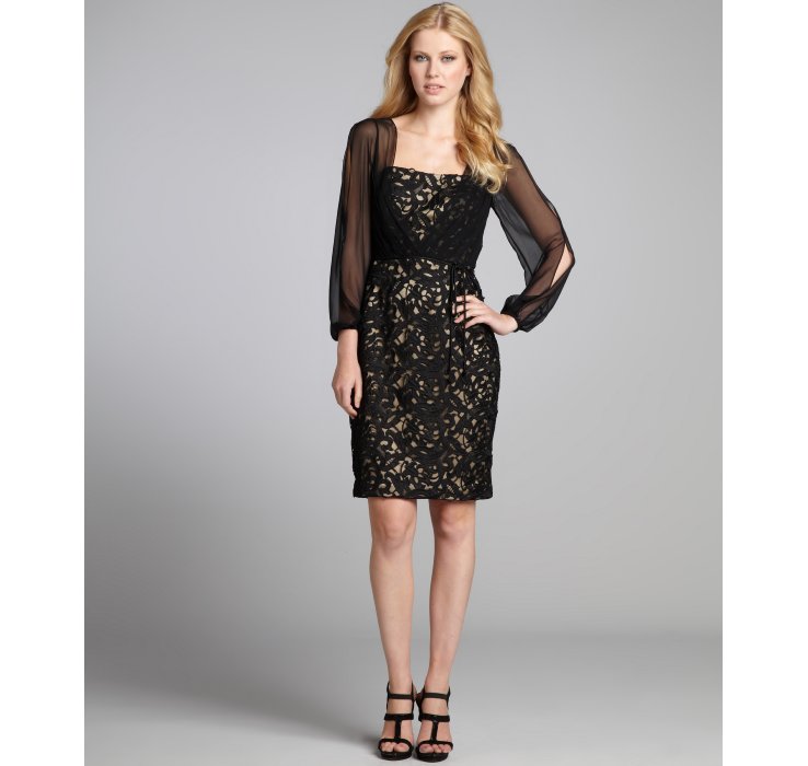 Lyst Kay Unger Black Silk Chiffon and Lace Long Sheer Sleeve Cocktail