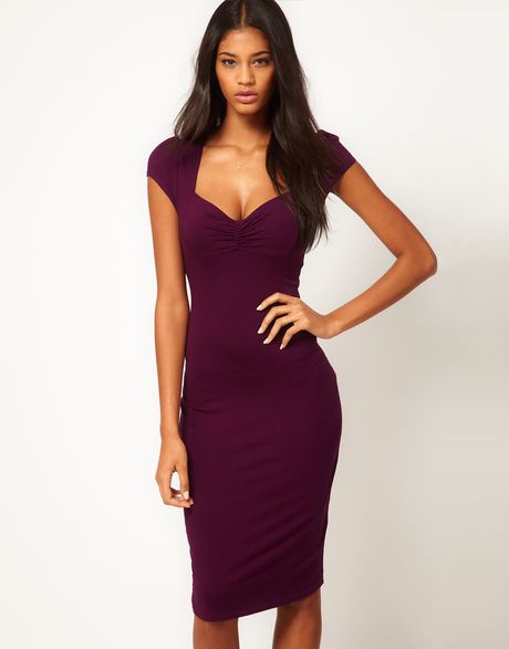 Asos Collection Asos Midi Bodycon Dress with Ruched Bust in Purple | Lyst