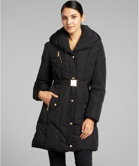 Cole Haan Black Quilted Belted Down Coat in Black | Lyst