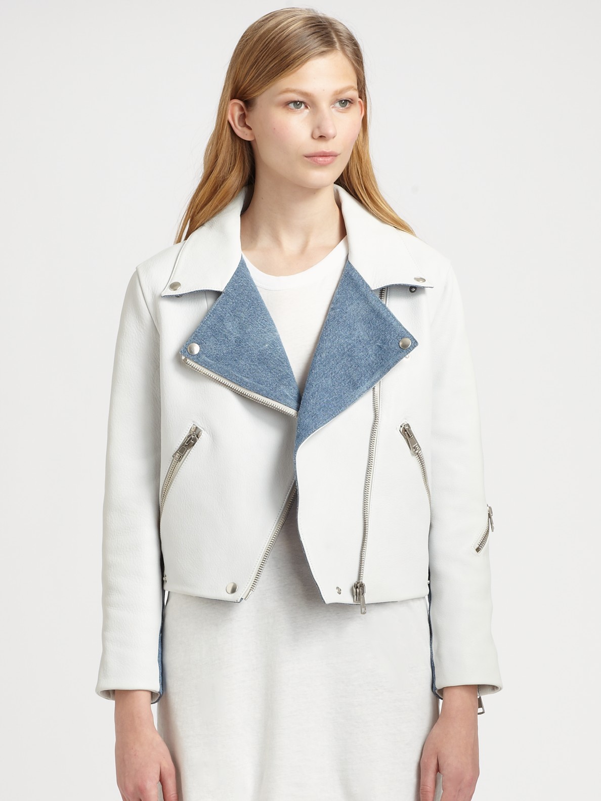 Lyst - Acne Studios Rita Denim Trim Leather Jacket in White