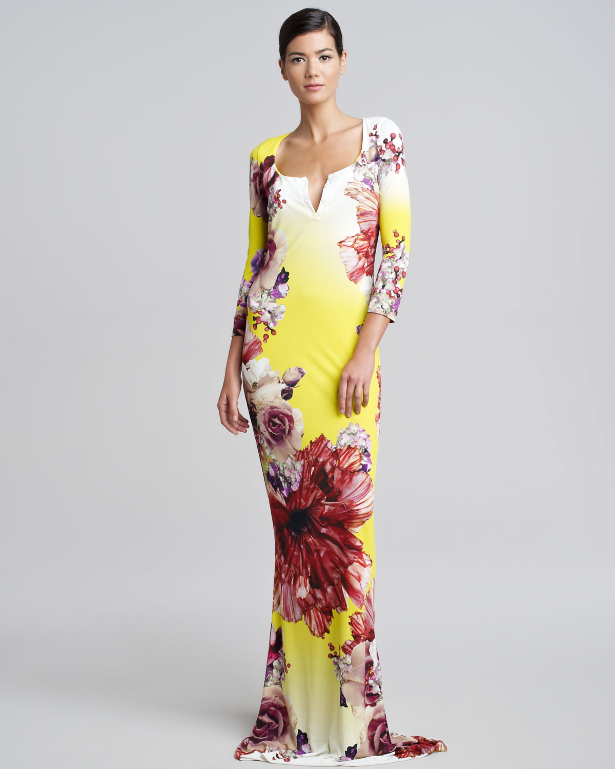Roberto cavalli Floralprint Long Dress in Yellow | Lyst