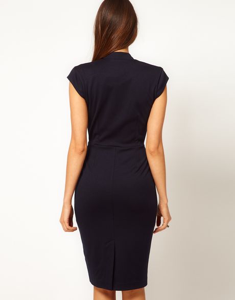 Asos Pencil Dress with Plunge Neck in Blue (navy) | Lyst