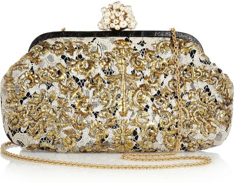 Dolce & Gabbana Miss Dea Handembroidered Caimantrimmed Lace Clutch in ...