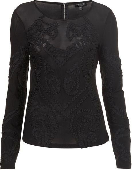 Topshop Embroidered Mesh Top in Black | Lyst