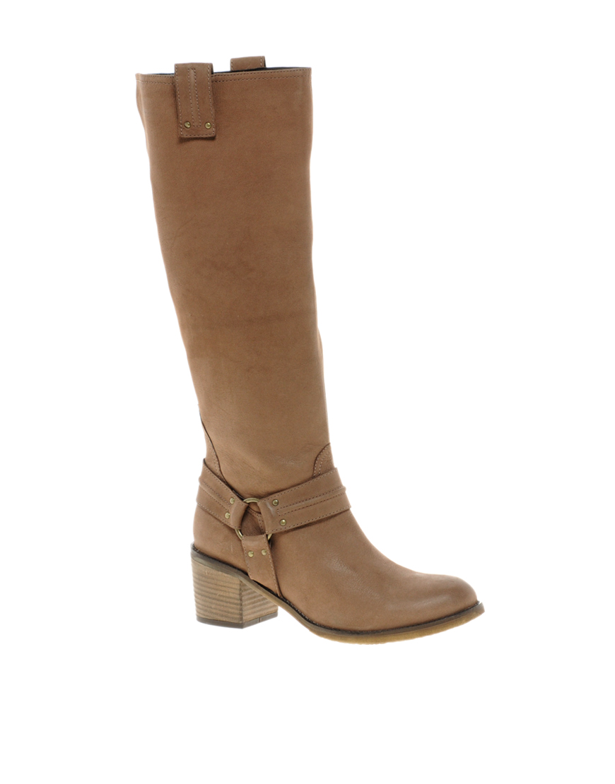 Asos Chocolate Chip Leather Knee High Boots with Mid Heel in Brown Lyst
