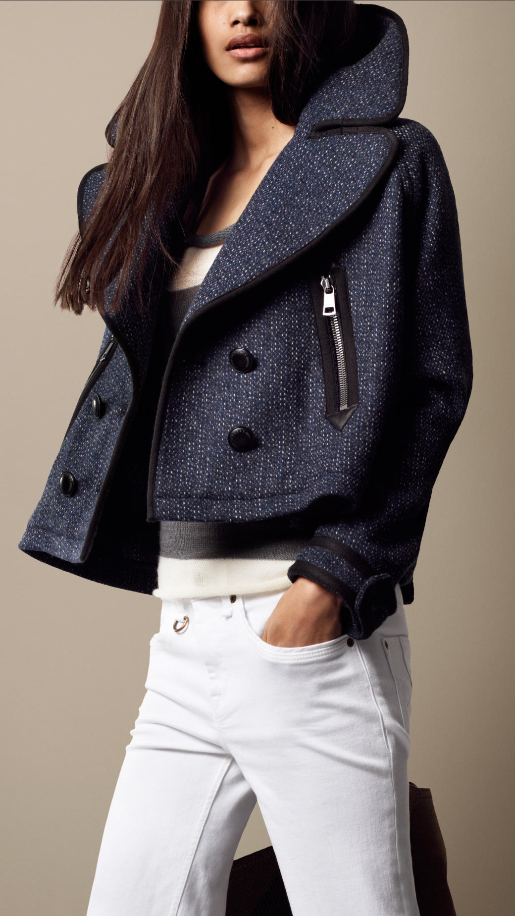 Lyst - Burberry Brit Oversize Cropped Pea Coat in Blue