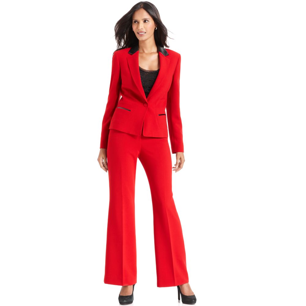 Anne Klein Faux Leather Trim Pant Suit in Red | Lyst