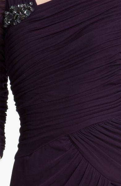 Adrianna Papell Sheer Sleeve Ruched Gown in Purple (aubergine) | Lyst