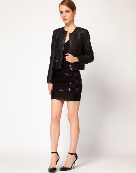French Connection Leather Look Quilted Biker Jacket in Black | Lyst