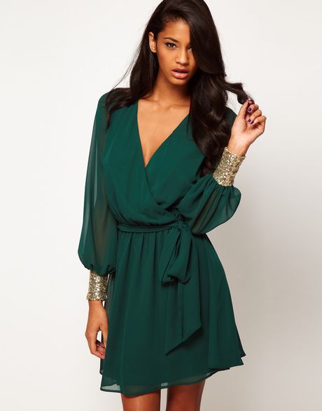 Asos Collection Asos Wrap Dress with Sequin Cuff in Green (greengold ...