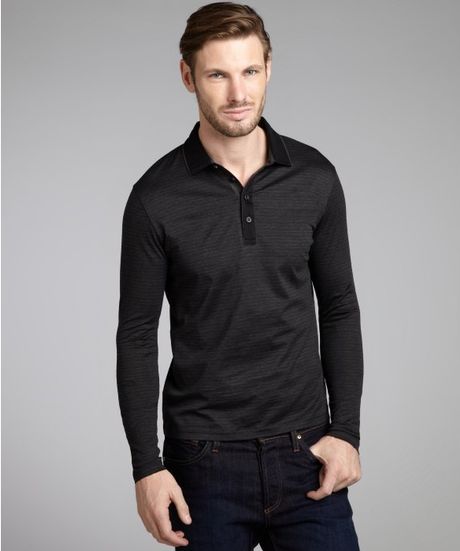 Hugo Boss Tonal Stripe Cotton Long Sleeve Point Polo Shirt in Black for ...
