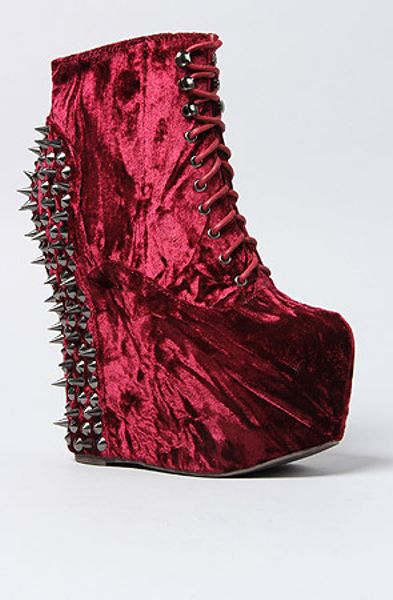 Jeffrey Campbell Velvet Wedge Boot with Studded Heel in Red (wine) | Lyst