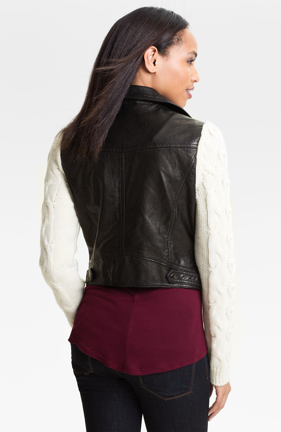 Two By Vince Camuto Faux Leather Jacket With Knit Sleeves In Black Gallery
