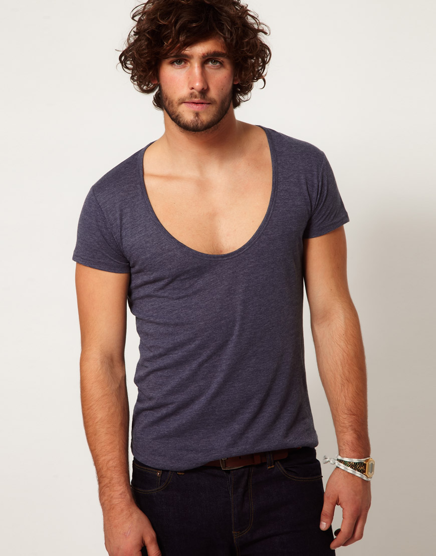 Lyst - Asos T-Shirt with Deep Scoop Neck in Blue for Men