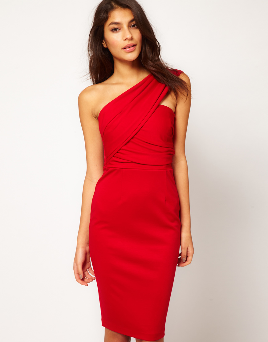 Lyst Asos  One Shoulder Pencil Dress  in Red 