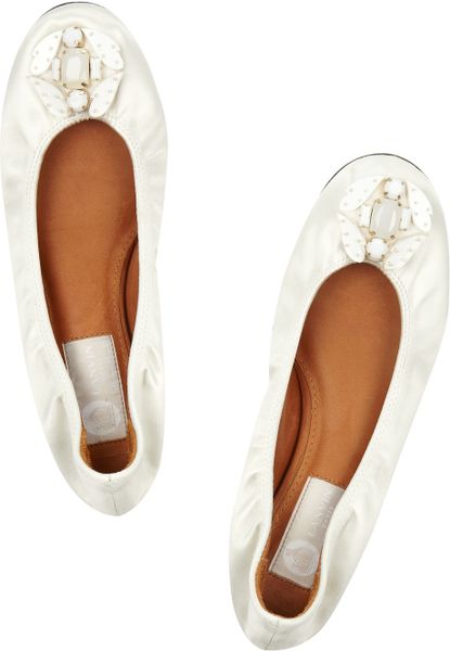 Lanvin Embellished Satin Ballet Flats in White (ivory) | Lyst