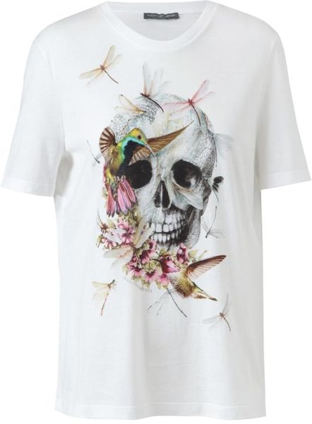 Alexander Mcqueen Floral Skull Motif Cotton Tshirt in White | Lyst