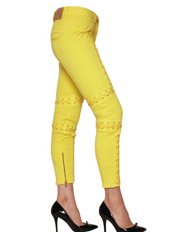 Lyst - Balmain Laceup Stretch Cotton Drill Biker Jeans In Yellow