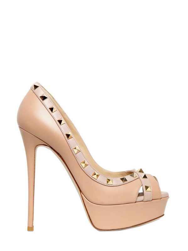 Lyst - Valentino 140mm Rock Stud Calfskin Open Toe Pumps in Natural