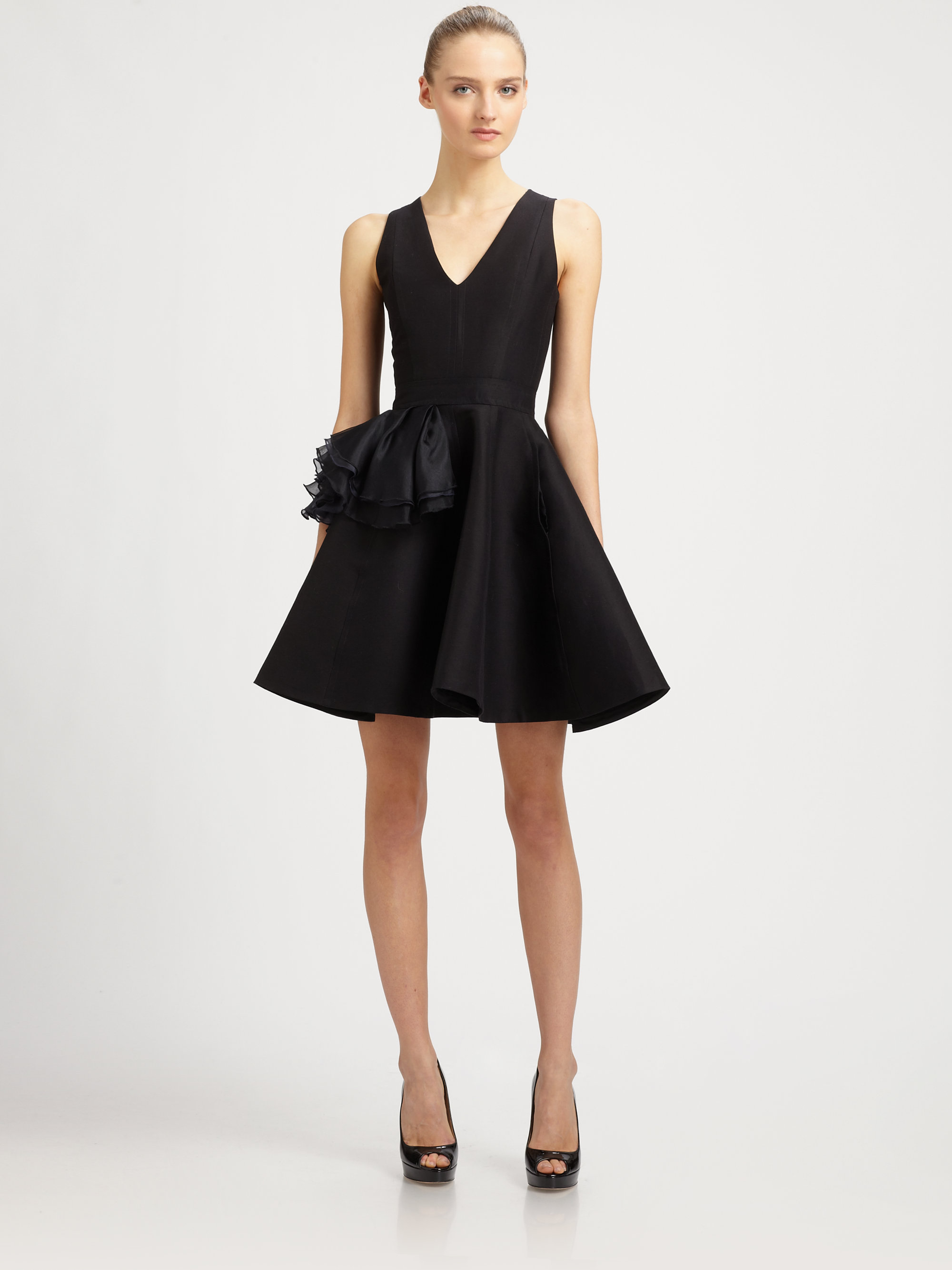 halston black flounce gown