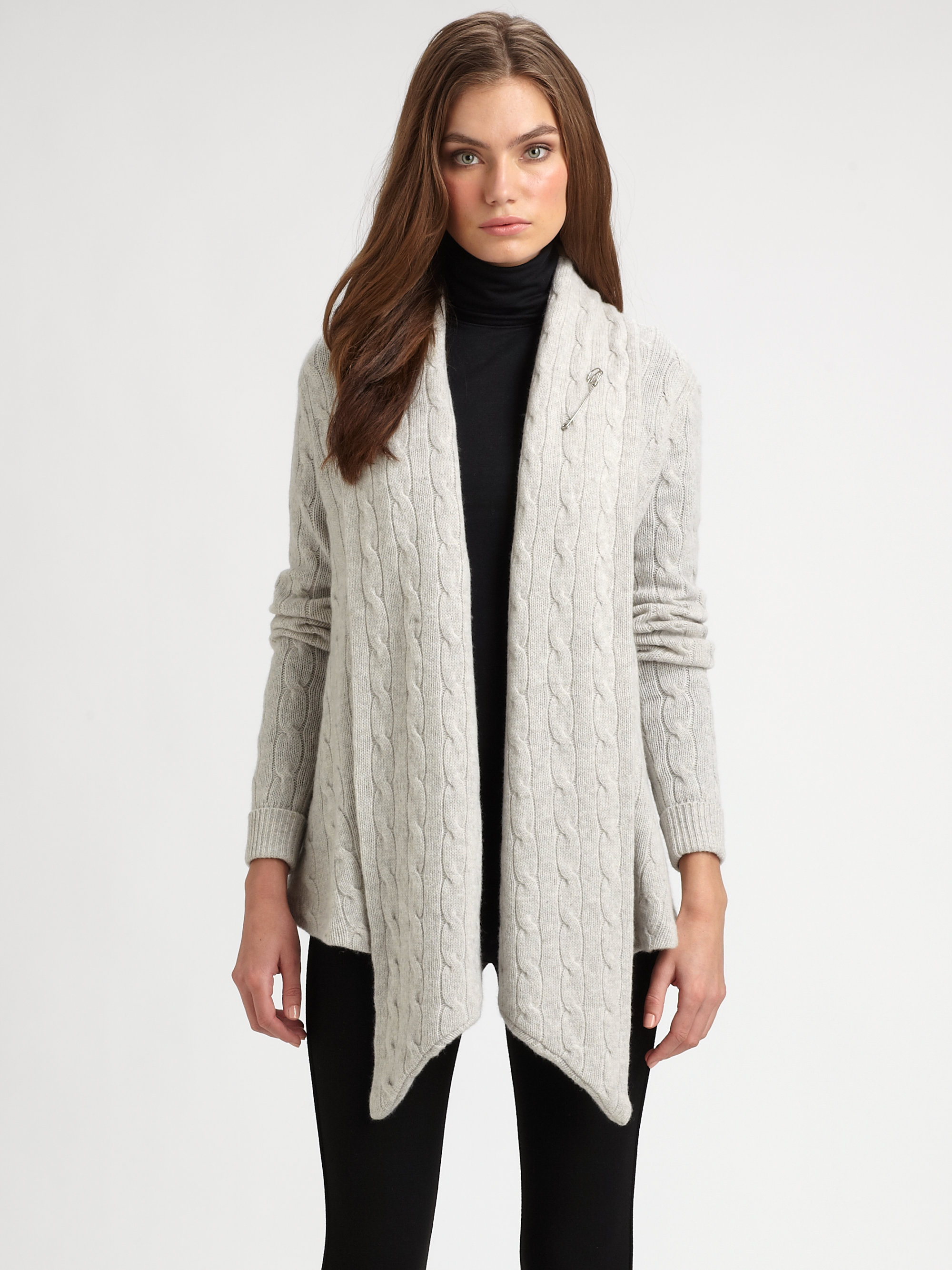 Lyst - Ralph Lauren Blue Label Drape Front Cable Cardigan in Gray