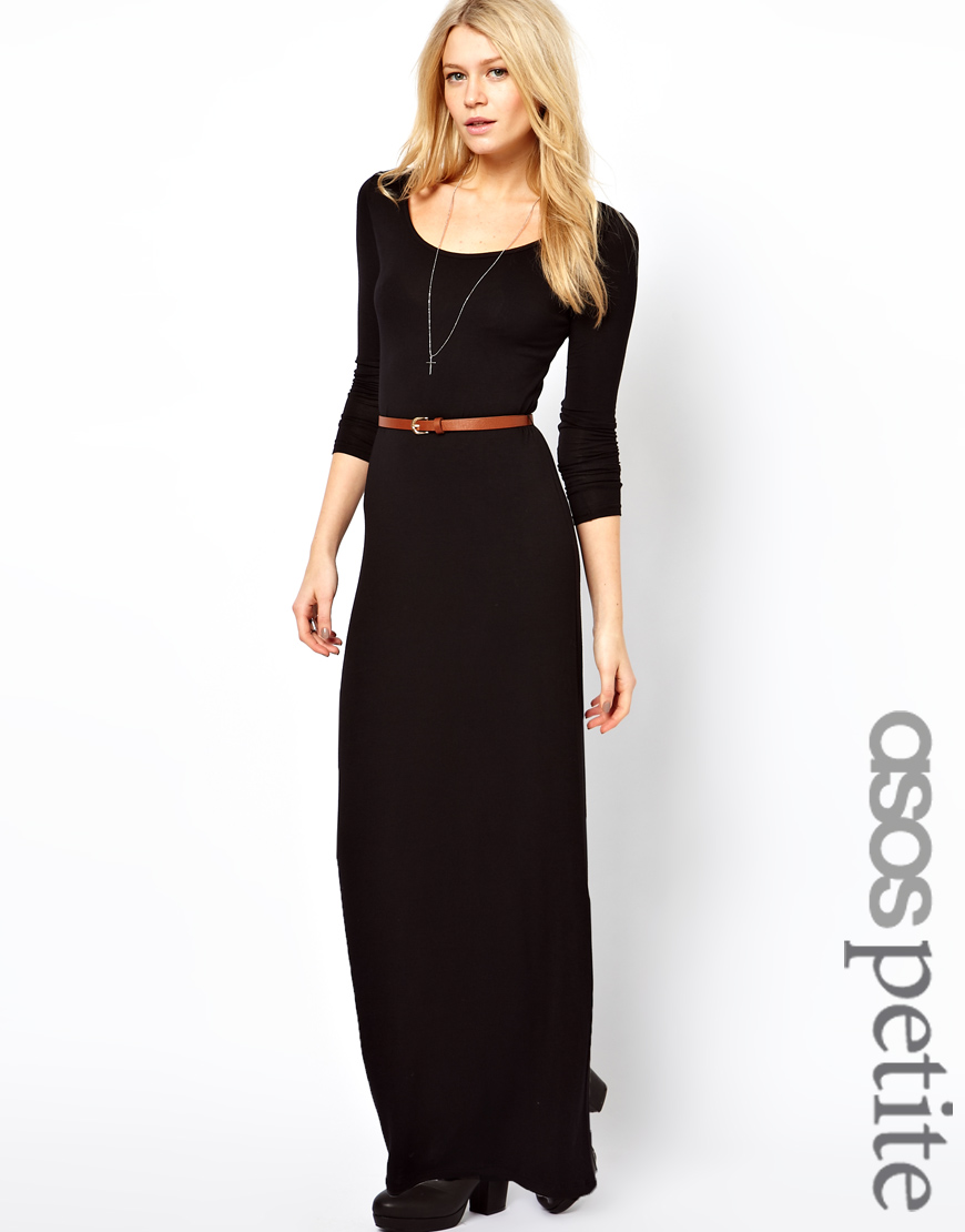 Asos Long Sleeve Maxi Dress with Belt in Black | Lyst