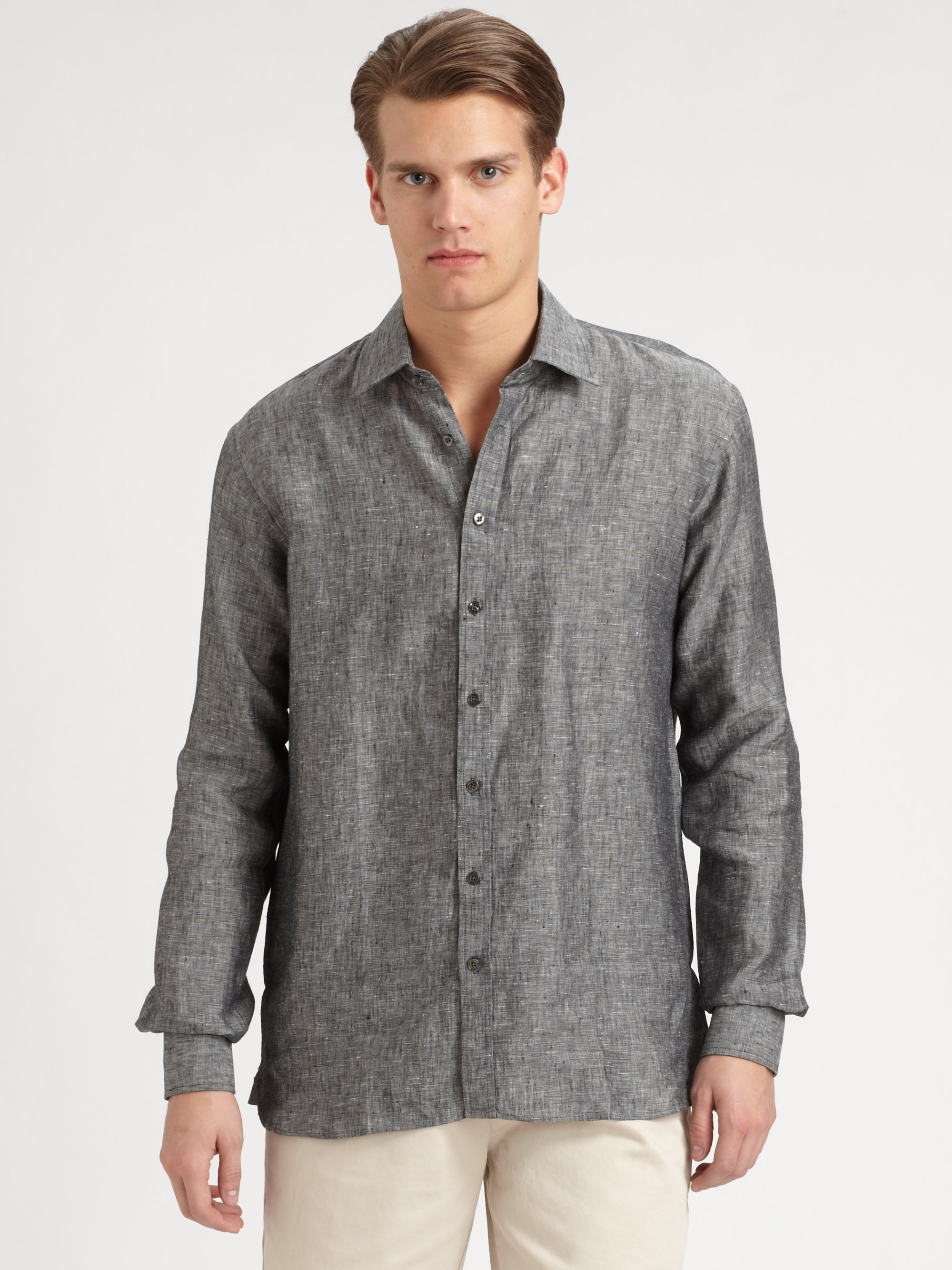 Saks fifth avenue Chambray Linen Sportshirt in Gray  for 