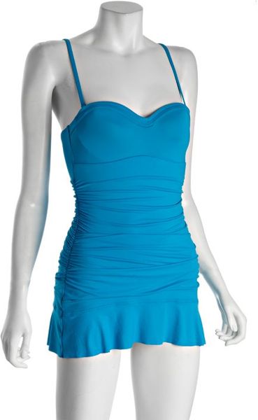 Calvin Klein Cyan Blue Nylon Blend Shirred Swim Dress Style One Piece ...