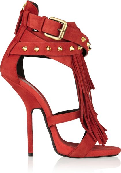 Giuseppe Zanotti Fringed Studded Suede Sandals in Red (tomato) | Lyst