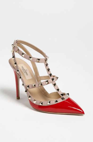 Valentino 'Rockstud' T-Strap Pump in Red (red patent) | Lyst
